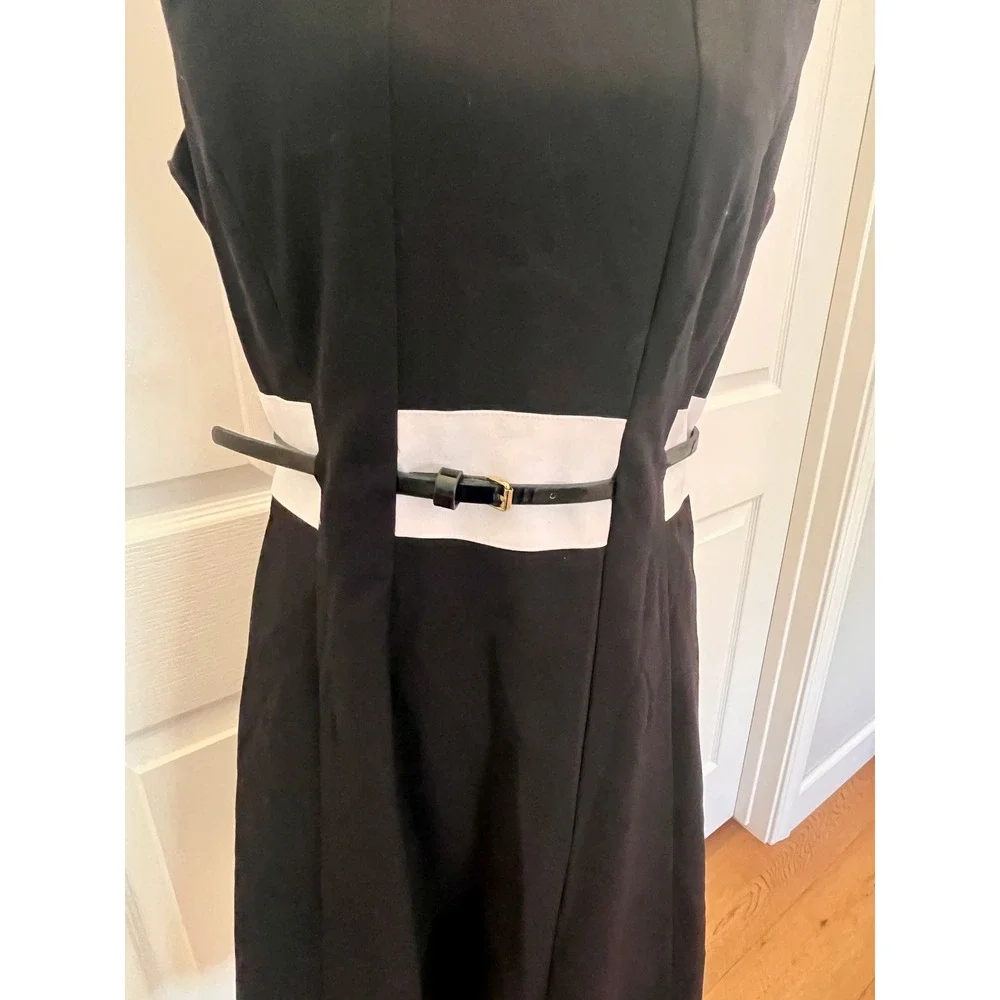 Calvin Klein Black White Colorblock Belted A-Line Midi Dress Career Women 6